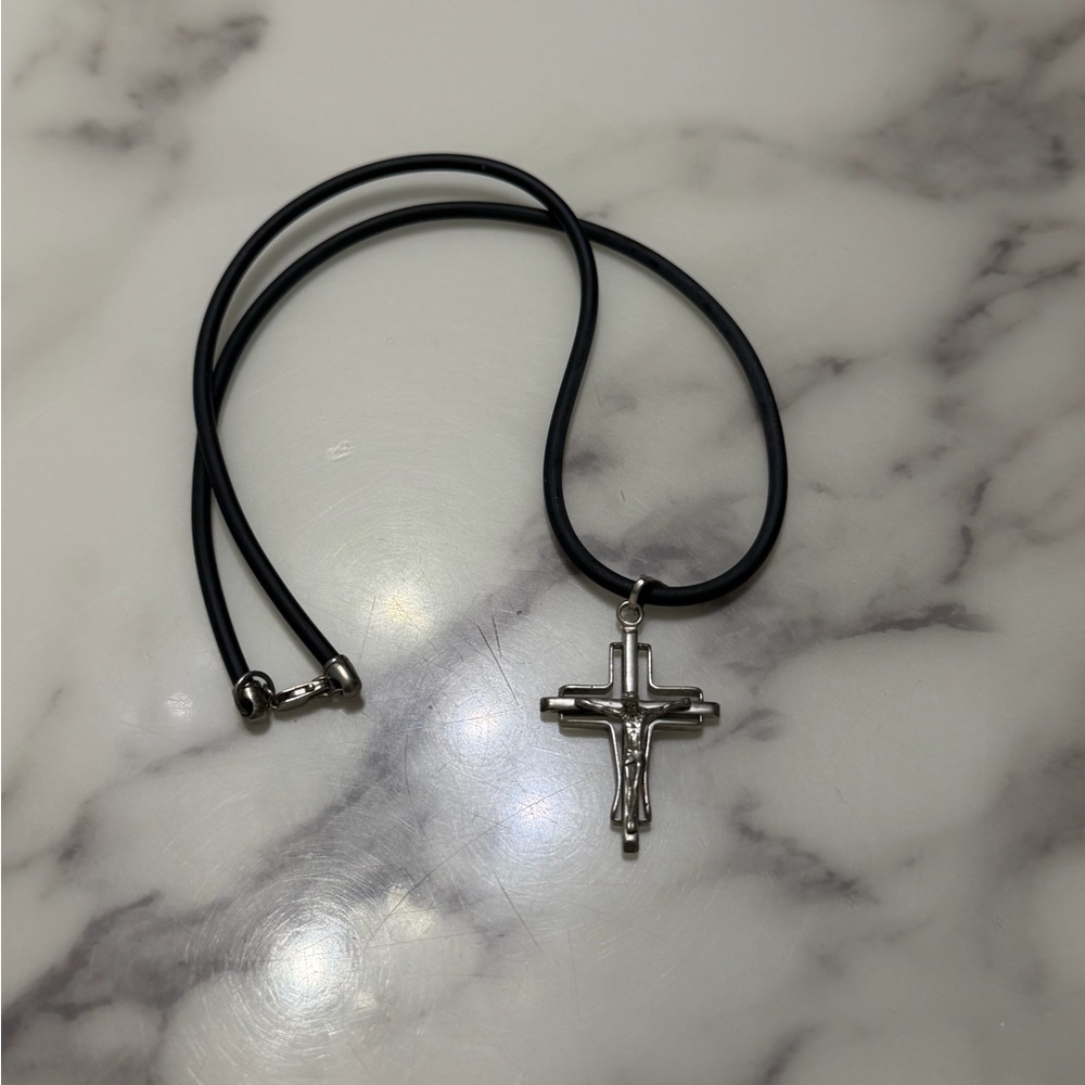 Silver Cross Necklace with Black Rubber Chain (6)